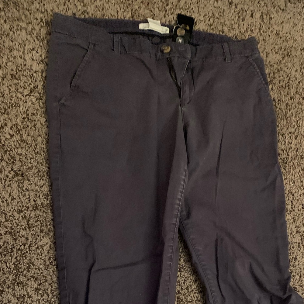 Light blue straight leg pants.